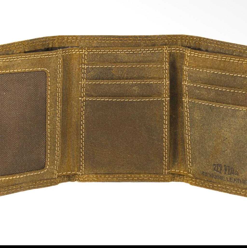 Zep-Pro Buck Leather Trifold Wallet for Men – Vintage Tan
