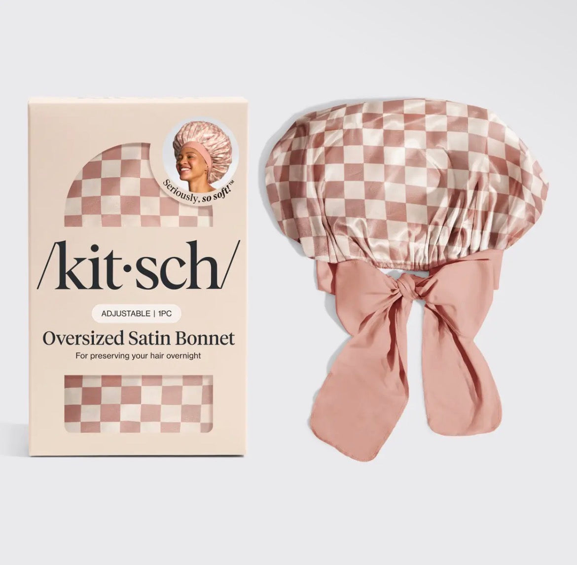 Kitsch Oversized Satin Bonnet – Terracotta Checker