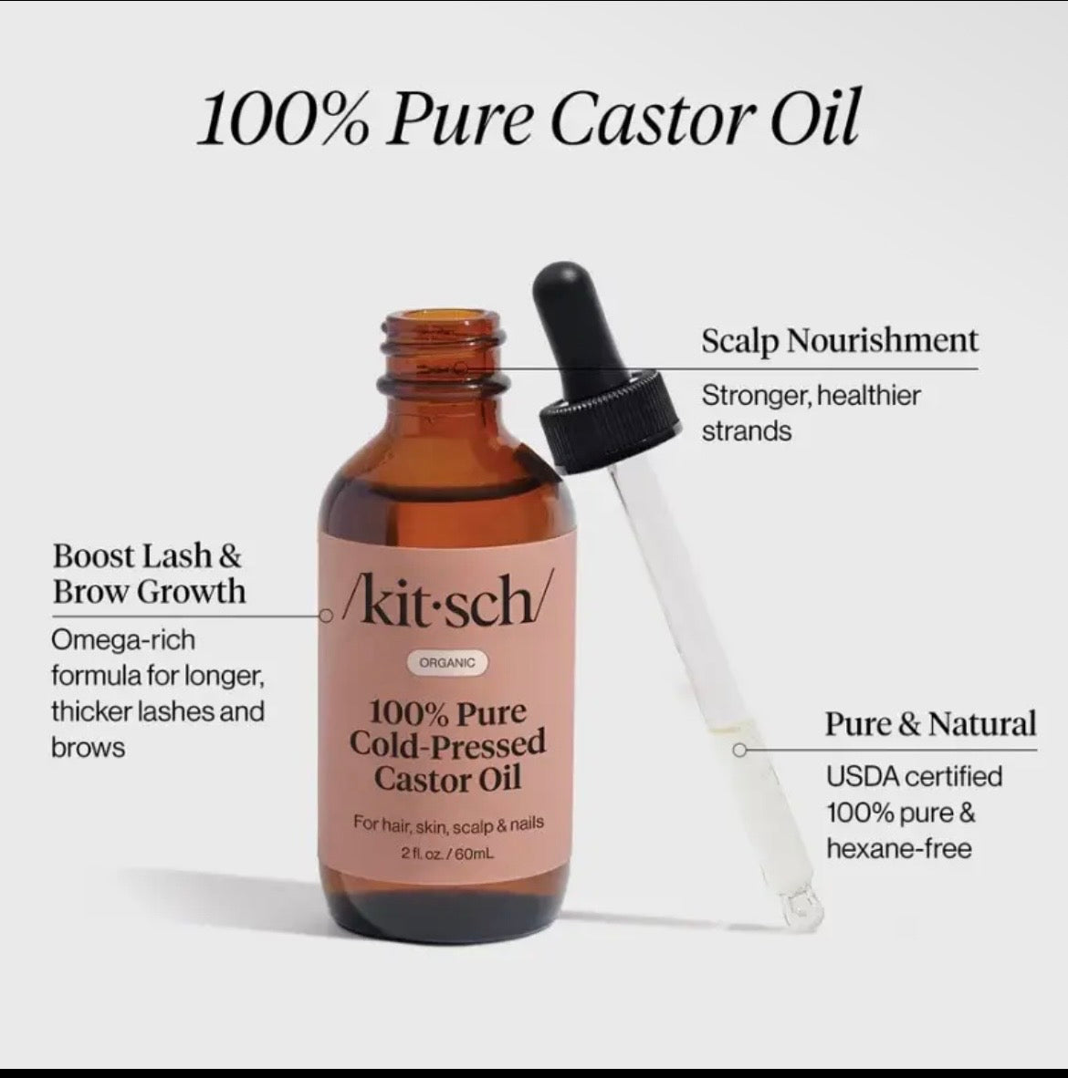 Kitsch Organic 100% Pure Cold-Pressed Castor Oil – 2 fl oz / 60 mL